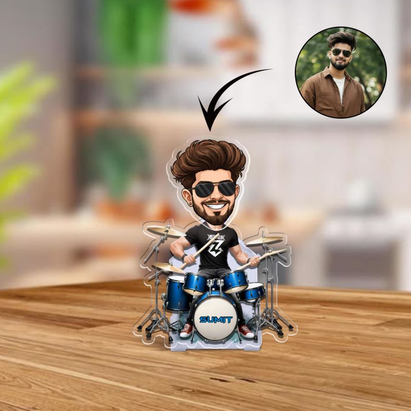 Personalized Drummer Boy Bobblehead Caricature, Custom with Photo Cartoon Face Cutout & Name Solar Powered Moving Head for Tabletop Decor Gift for Music Lover